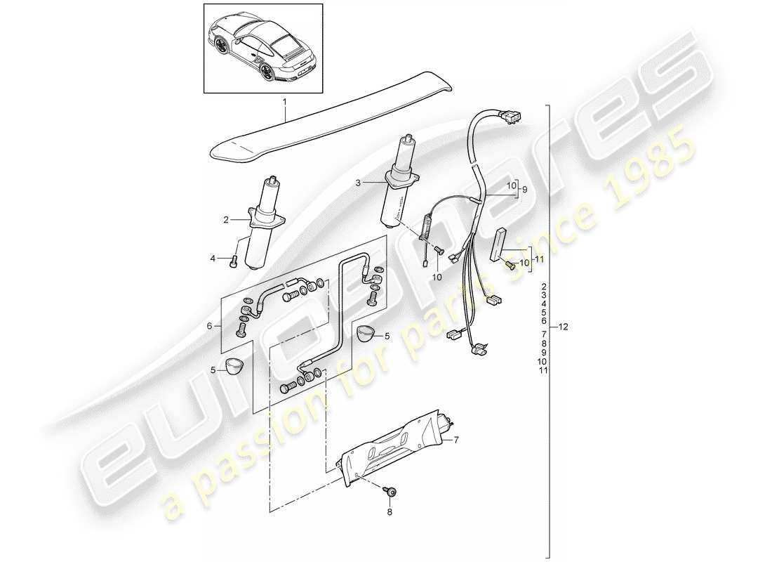 porsche 911 t/gt2rs (2012) diagrama de piezas del spoiler trasero
