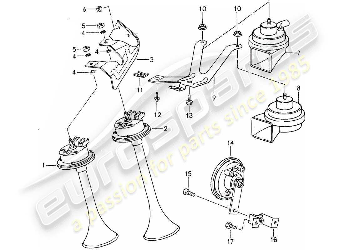 porsche 1996 (993) bocina de fanfarria - bocina diagrama de piezas