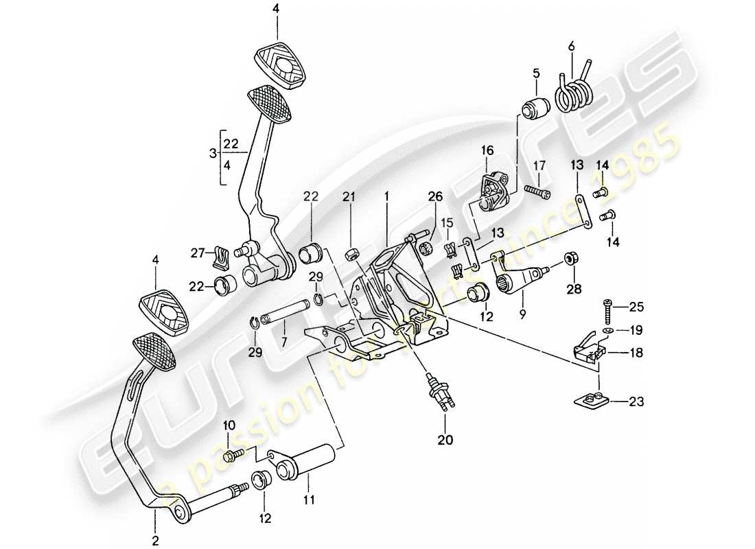 porsche 993 (1997) pedales - diagrama de piezas de caja de cambios manual