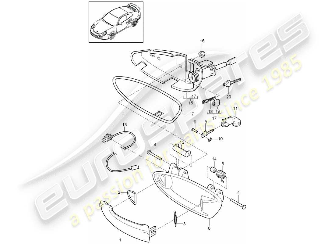 porsche 911 t/gt2rs (2013) diagrama de piezas de la manija de la puerta