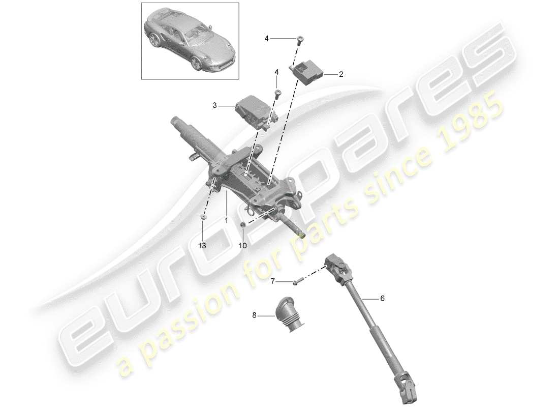 porsche 991 turbo (2020) diagrama de piezas de la columna de dirección