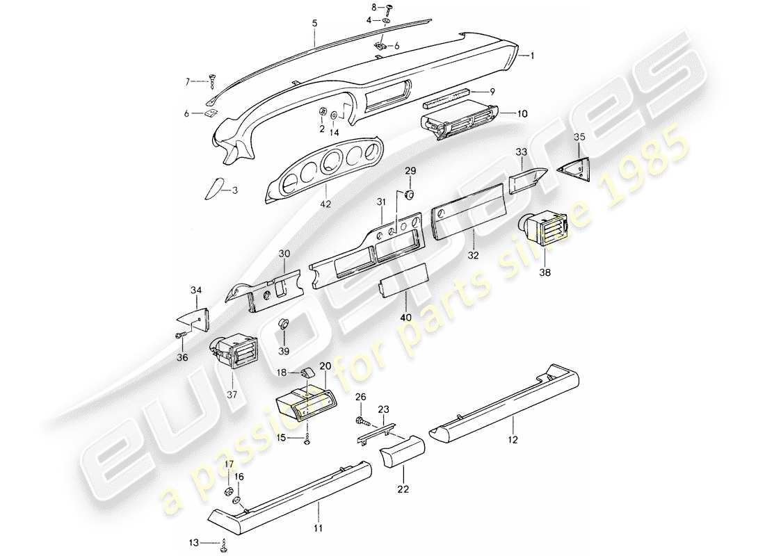 porsche 1991 (964) salpicadero - embellecedor de rodilleras - para autos sin - airbag esquema de piezas