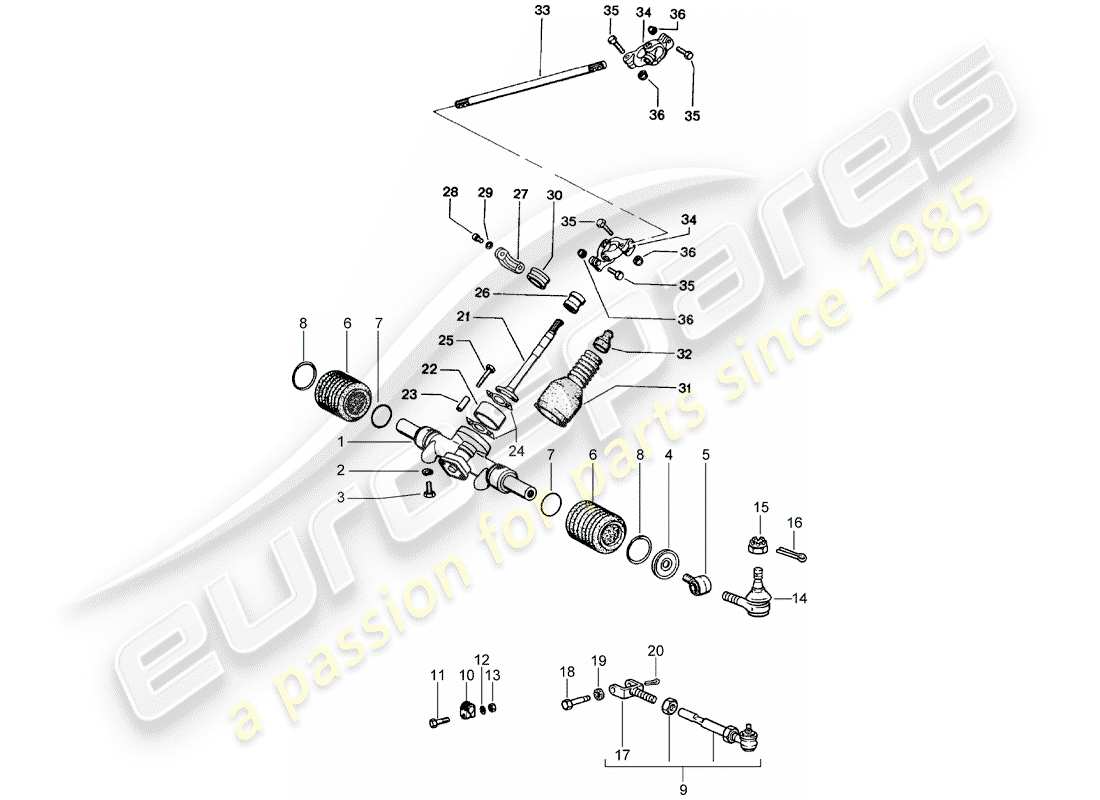 porsche 1976 (914) engranaje de dirección - enlace de dirección diagrama de piezas
