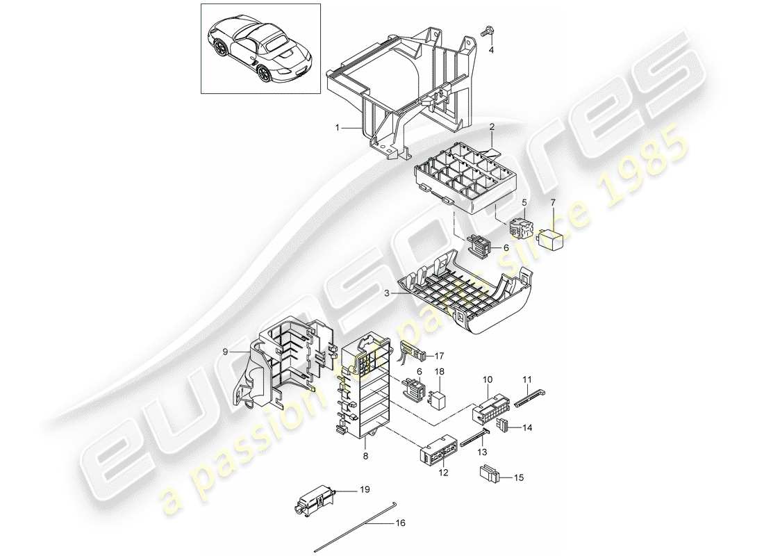 porsche boxster 987 (2012) diagrama de piezas de la caja de fusibles/placa de relé
