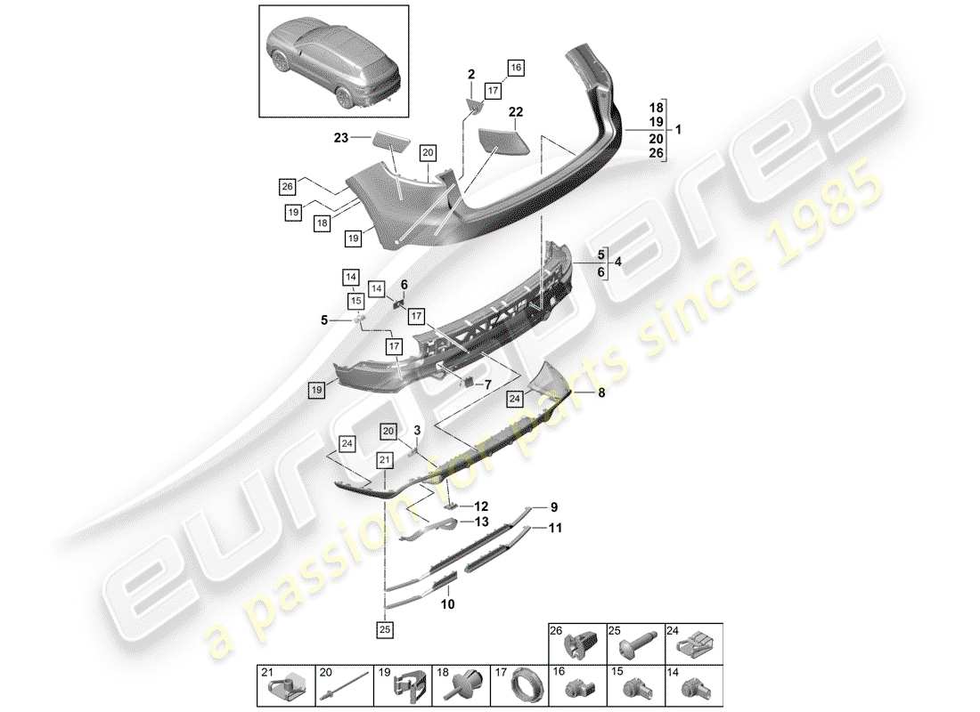 porsche 2020 (cayenne e3 9ya/9yb) parachoque diagrama de piezas