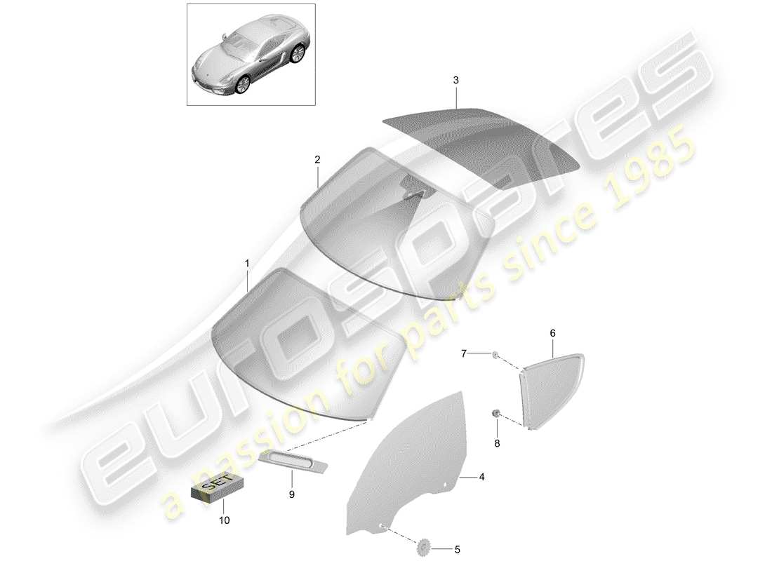 porsche 2015 (981 cayman) acristalamiento de ventanas diagrama de piezas