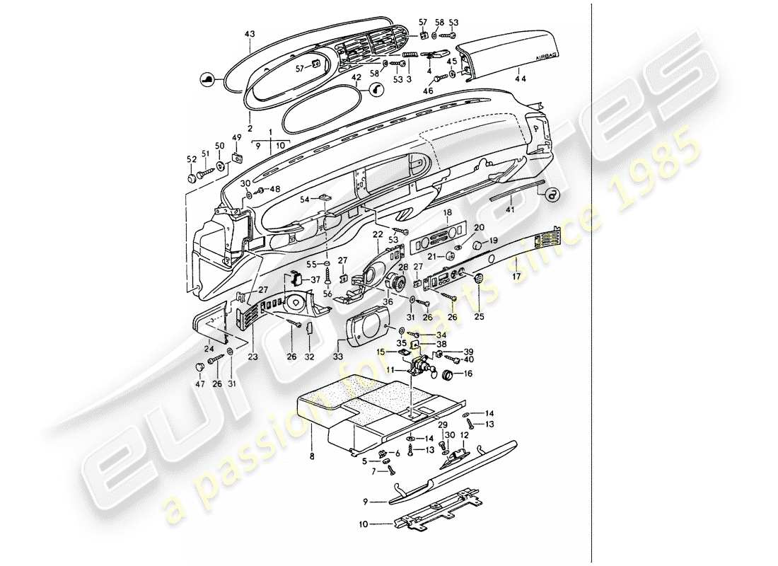 porsche 1986 (944) moldura del panel de instrumentos diagrama de piezas