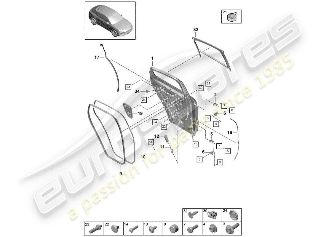 porsche 2020 (cayenne e3 9ya/9yb) diagrama de piezas de la carcasa de la puerta