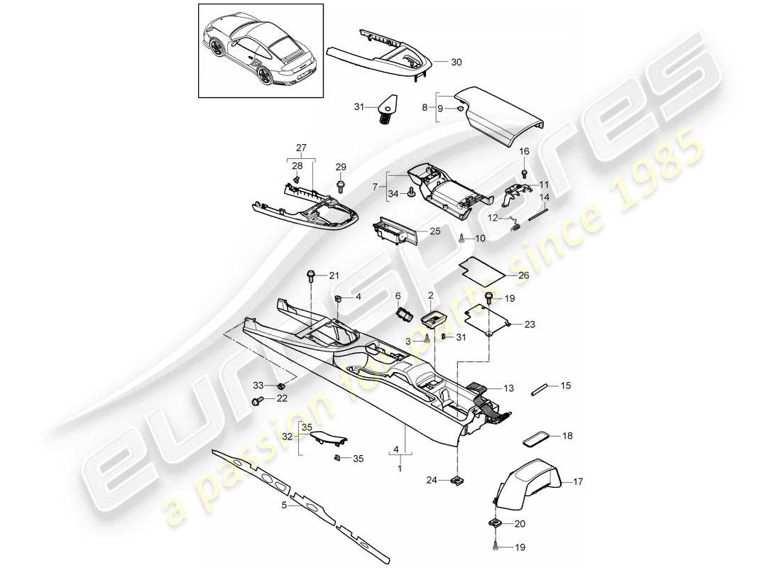 porsche 2013 (997-2 turbo / gt2 rs) center console diagrama de piezas