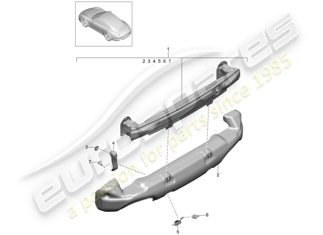 porsche 991 (2016) diagrama de piezas del soporte de parachoques