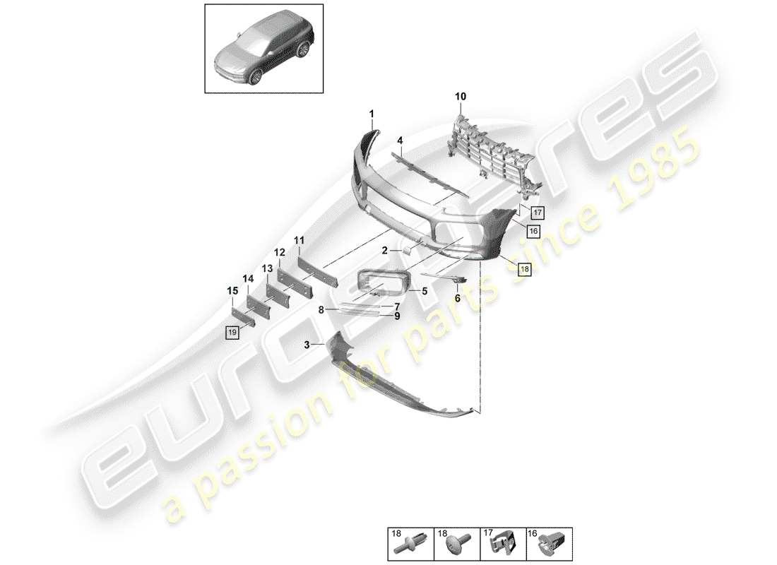 porsche 2020 (cayenne e3 9ya/9yb) diagrama de piezas del parachoques