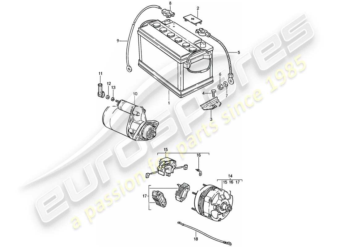 porsche 1986 (911) bateria - arranque - alternador diagrama de piezas