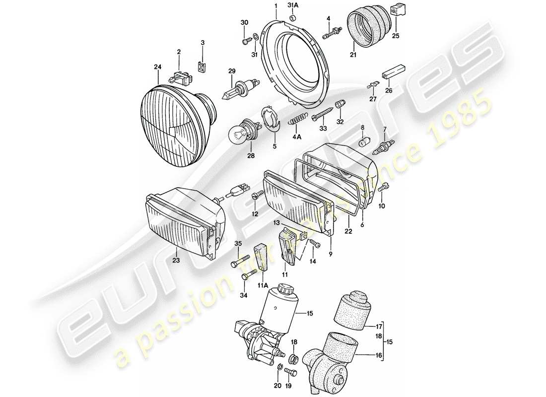 porsche 1977 (924) faro delantero - motor eléctrico - faro emergente diagrama de piezas