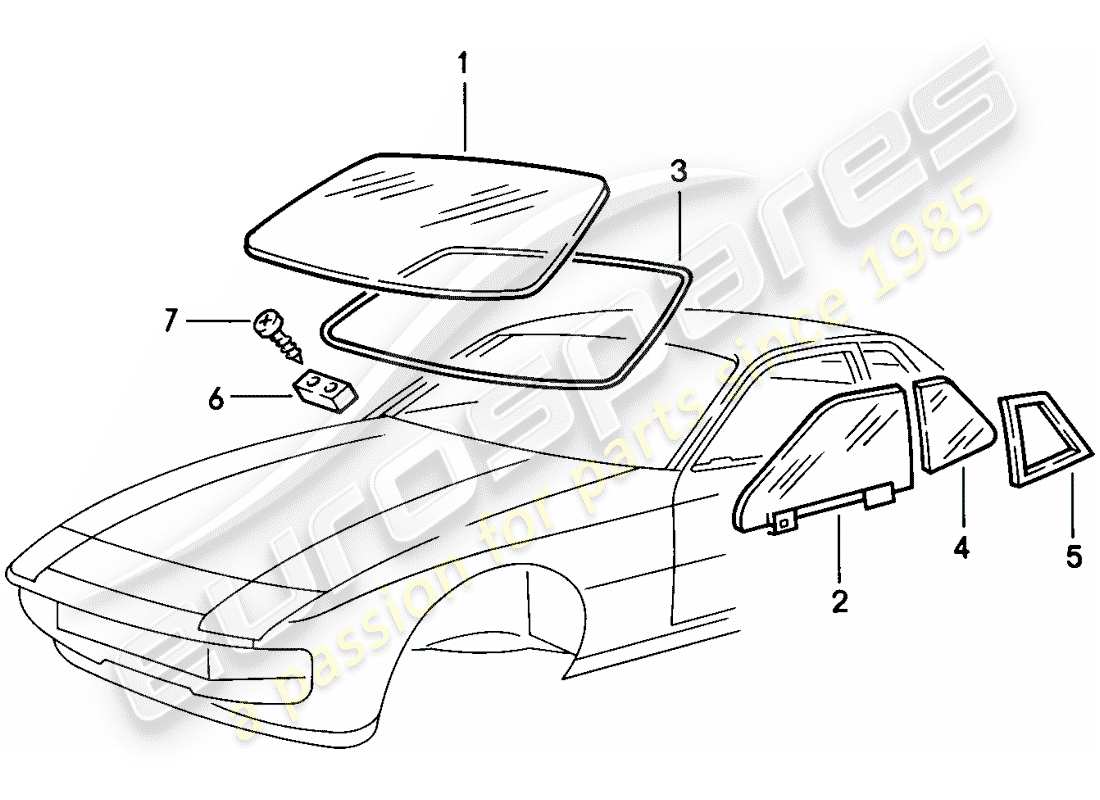 porsche 1977 (924) acristalamiento de ventanas diagrama de piezas