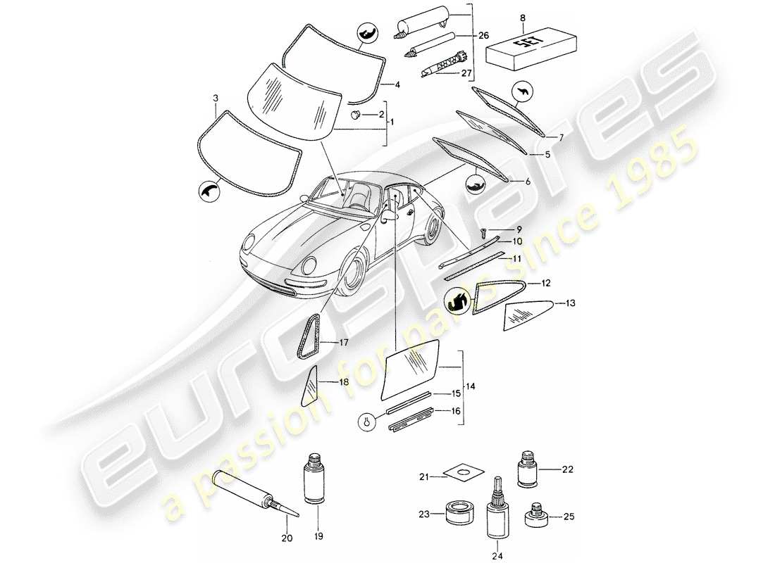porsche 1996 (993) acristalamiento de ventanas diagrama de piezas