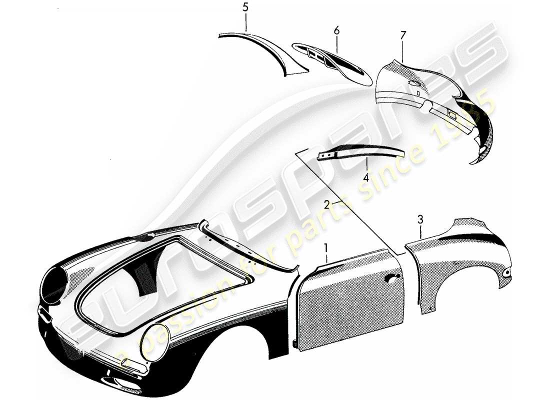 porsche 1962 (356b/356c) paneles exteriores - guardabarros diagrama de piezas