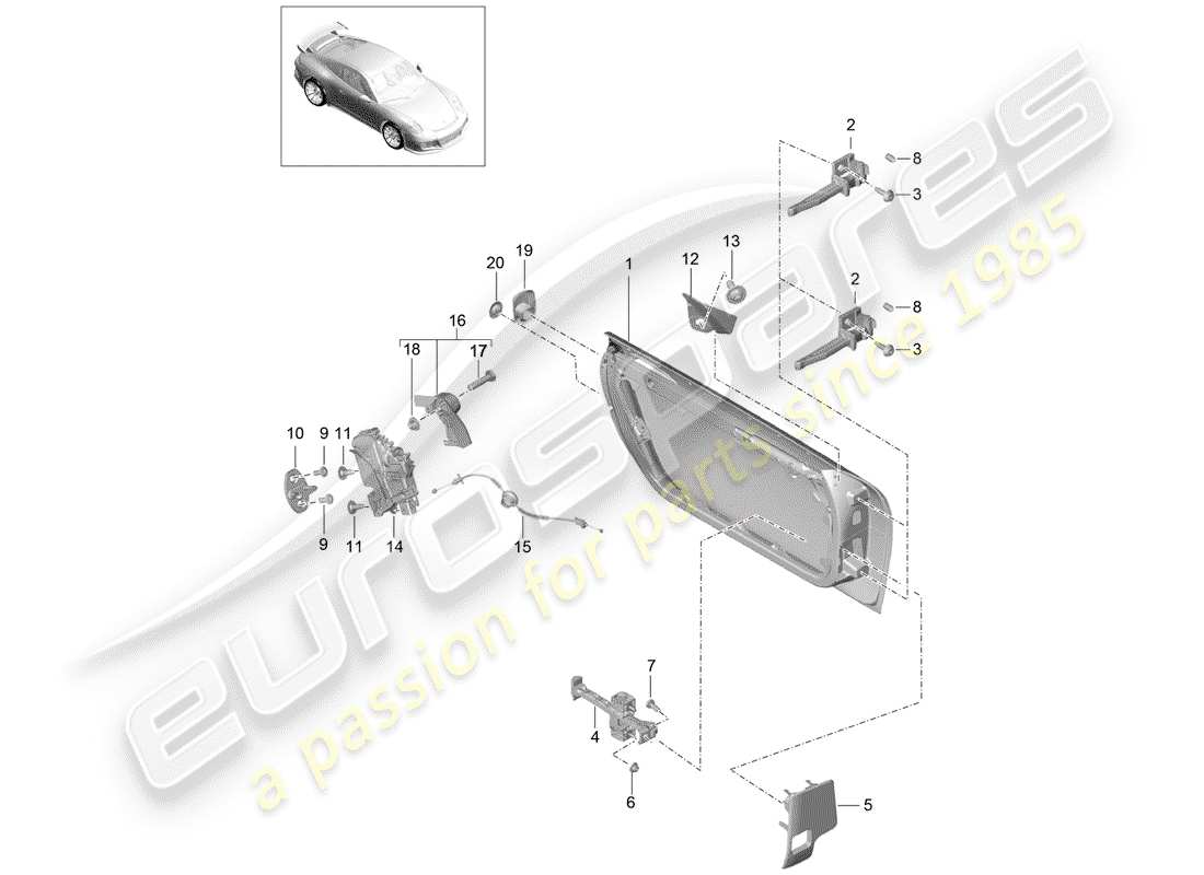 porsche 2017 (991-2 r/gt3/rs) diagrama de piezas de la carcasa de la puerta