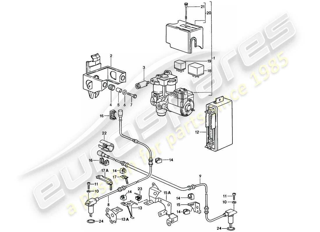 porsche 1986 (928) sistema de freno antibloqueo -abs- - unidad hidráulica - sensor de velocidad - módulo de control electrónico esquema de piezas