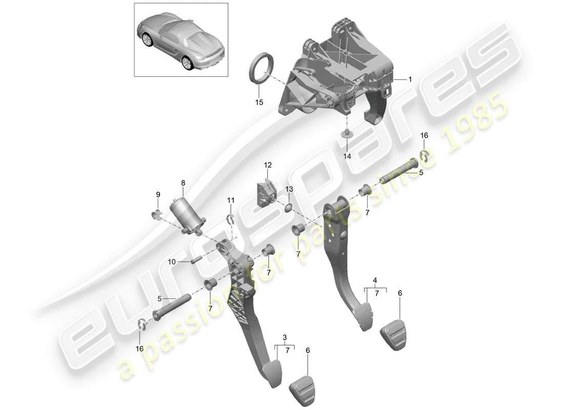 porsche 2016 (981 boxster spyder) diagrama de piezas de pedales