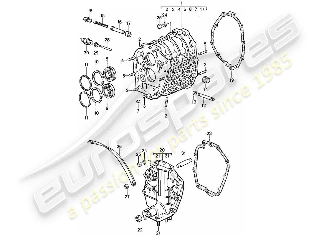 porsche 1987 (911) carcasa de engranajes - tapa de la transmisión diagrama de piezas