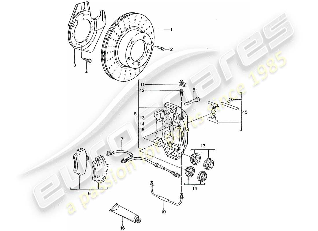 porsche 2001 (996 gt3) frenos de disco - eje delantero diagrama de piezas