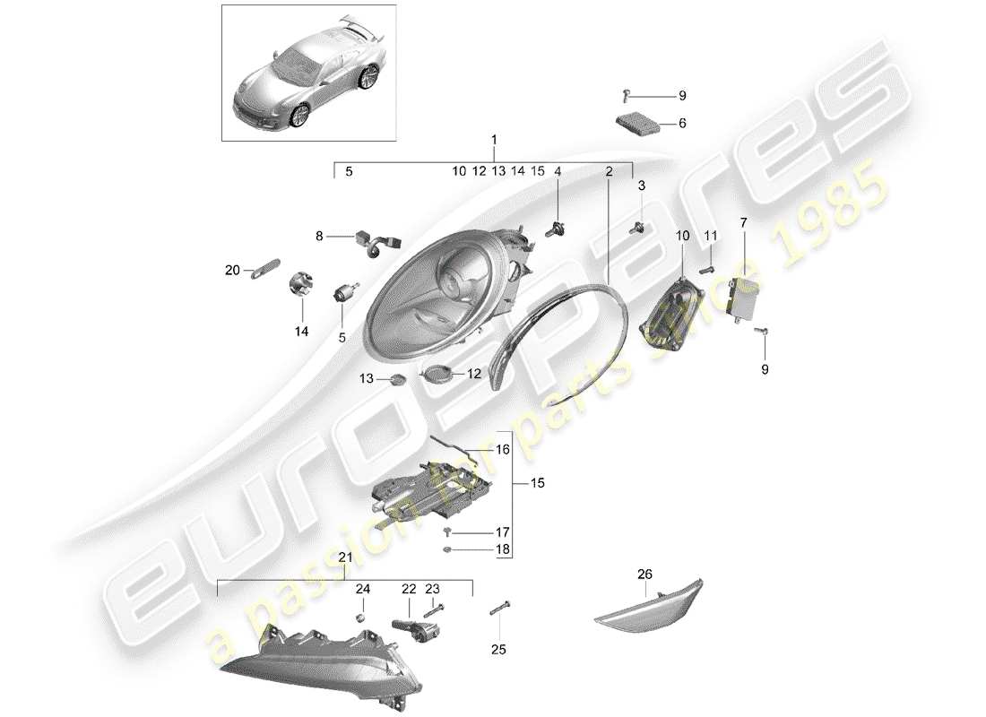 porsche 2017 (991-2 r/gt3/rs) diagrama de piezas del faro