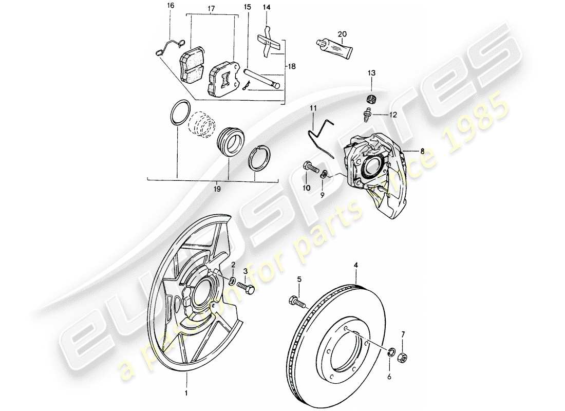 porsche 1988 (924s) frenos de disco - eje delantero diagrama de piezas