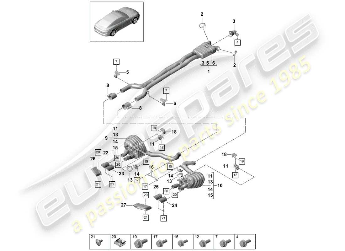 porsche 2017 (panamera 971-1) diagrama de piezas del sistema de escape