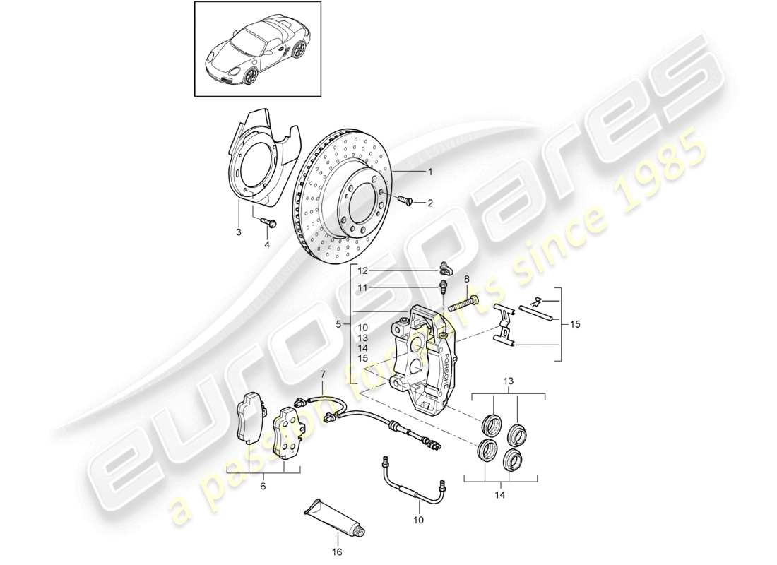 porsche 2011 (987 boxster) freno de disco eje delantero diagrama de piezas