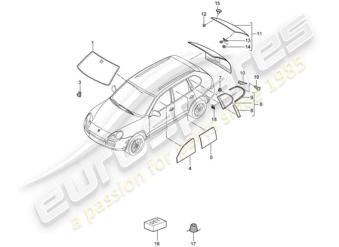 porsche 2003 (cayenne e1 9pa) diagrama de piezas del vidrio del parabrisas