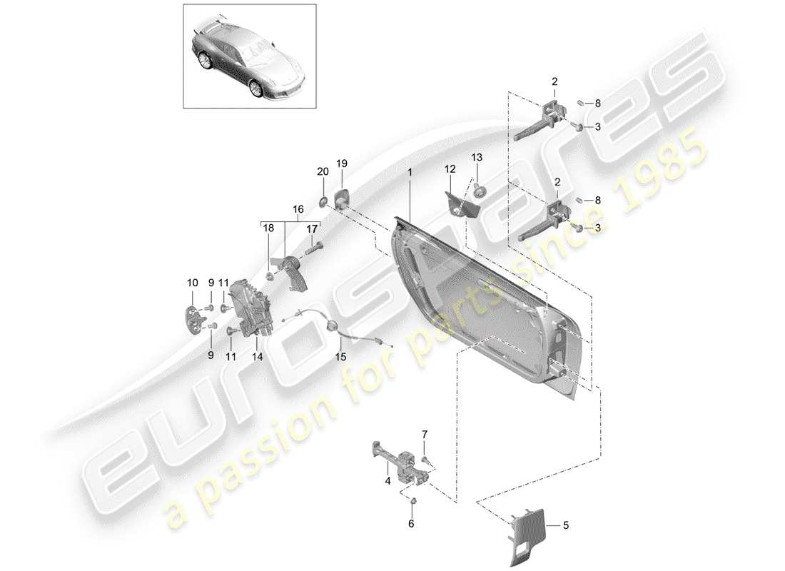 porsche 991r/gt3/rs (2019) diagrama de piezas de la carcasa de la puerta