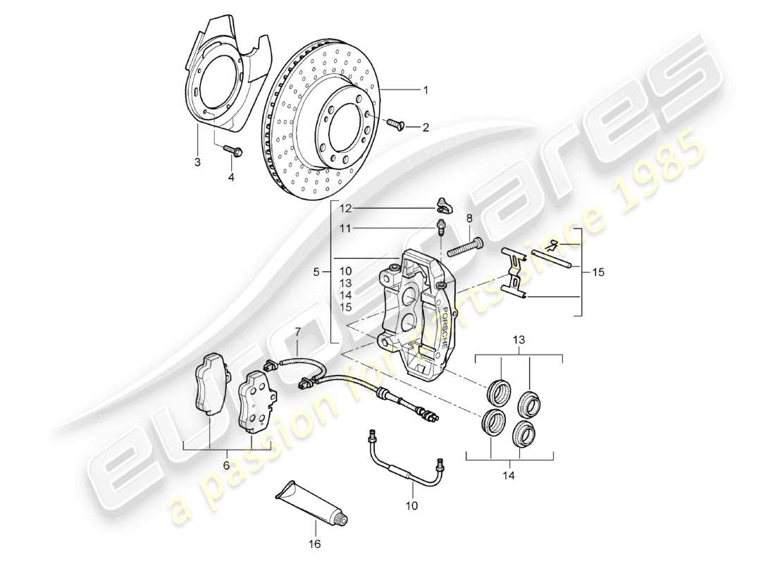 porsche 2008 (987 boxster) diagrama de piezas del eje delantero del freno de disco