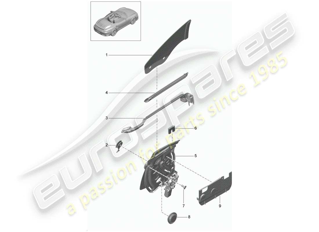 porsche 991 turbo (2020) diagrama de piezas de la ventana lateral