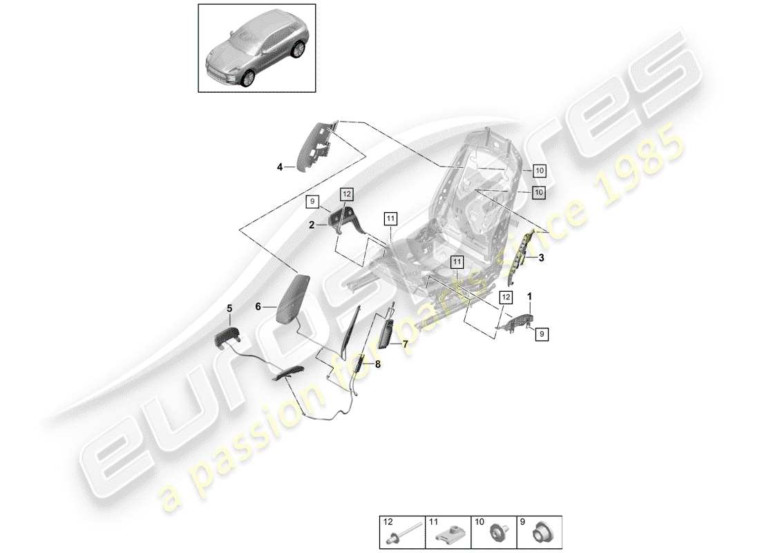 porsche 2019 (macan) componentes neumáticos para asiento esquema de piezas