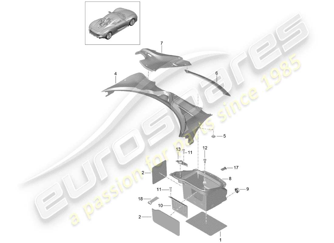 porsche 2015 (918 spyder) revestimiento del maletero diagrama de piezas