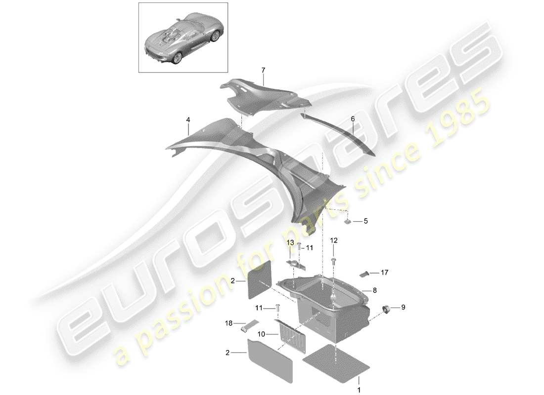 porsche 918 spyder (2015) forro del maletero diagrama de piezas