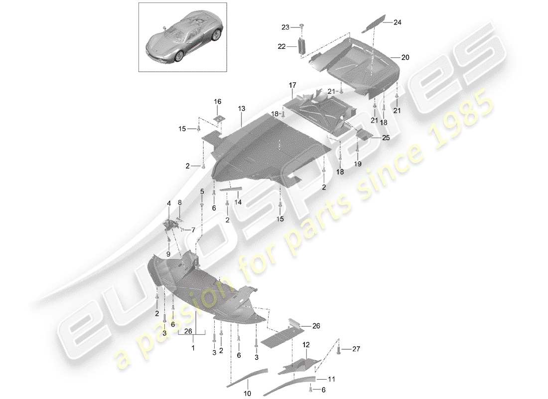 porsche 918 spyder (2015) diagrama de piezas de la parte de abajo