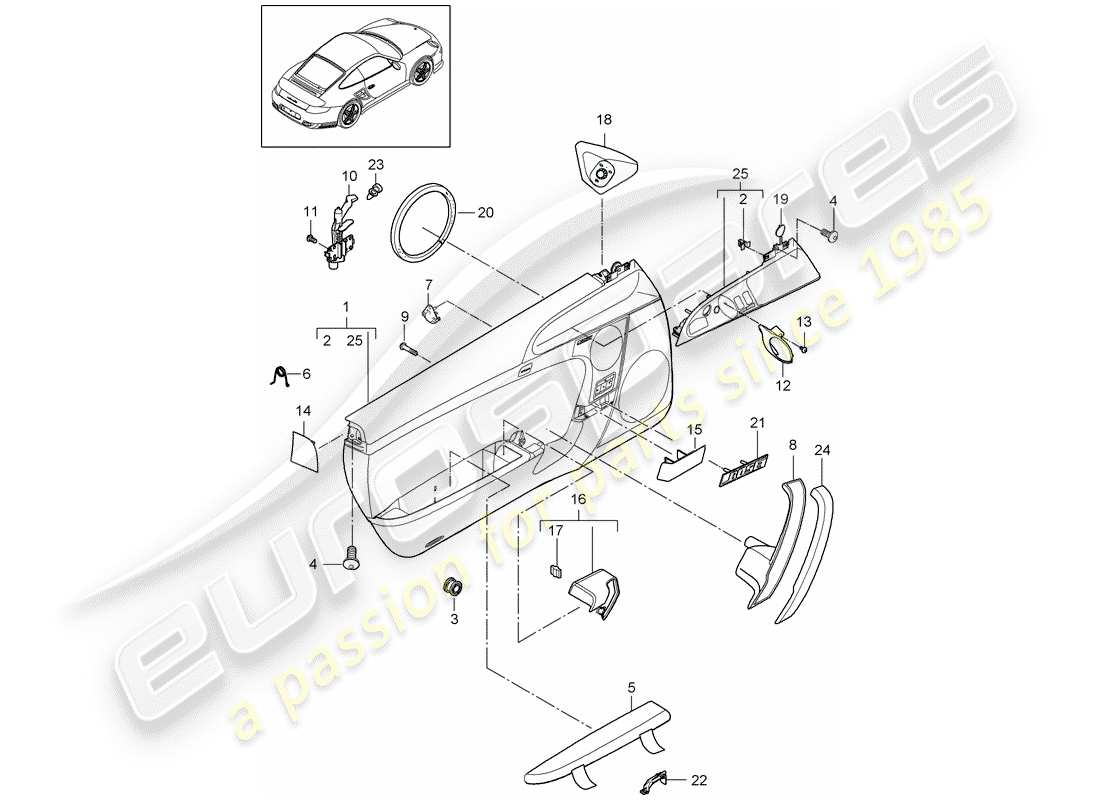 porsche 2013 (997-2 turbo / gt2 rs) diagrama de piezas del panel de puerta