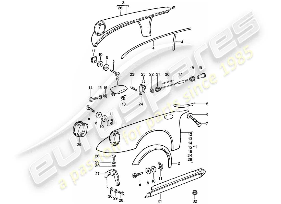 porsche 1987 (911) guardabarros - con: - copa de chapa para tanque diagrama de piezas