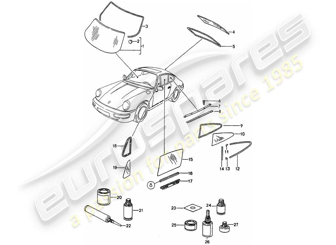 porsche 1990 (964) acristalamiento de ventanas diagrama de piezas