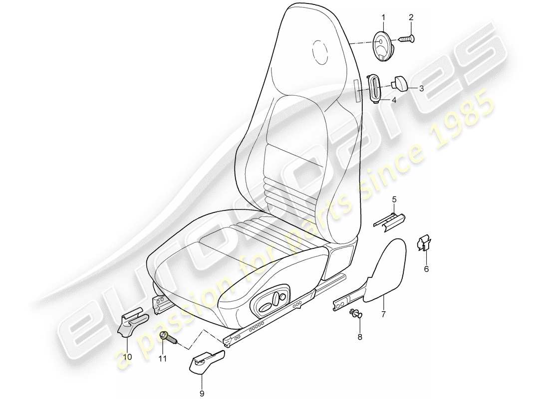 porsche 996 t/gt2 (2005) diagrama de piezas del asiento delantero