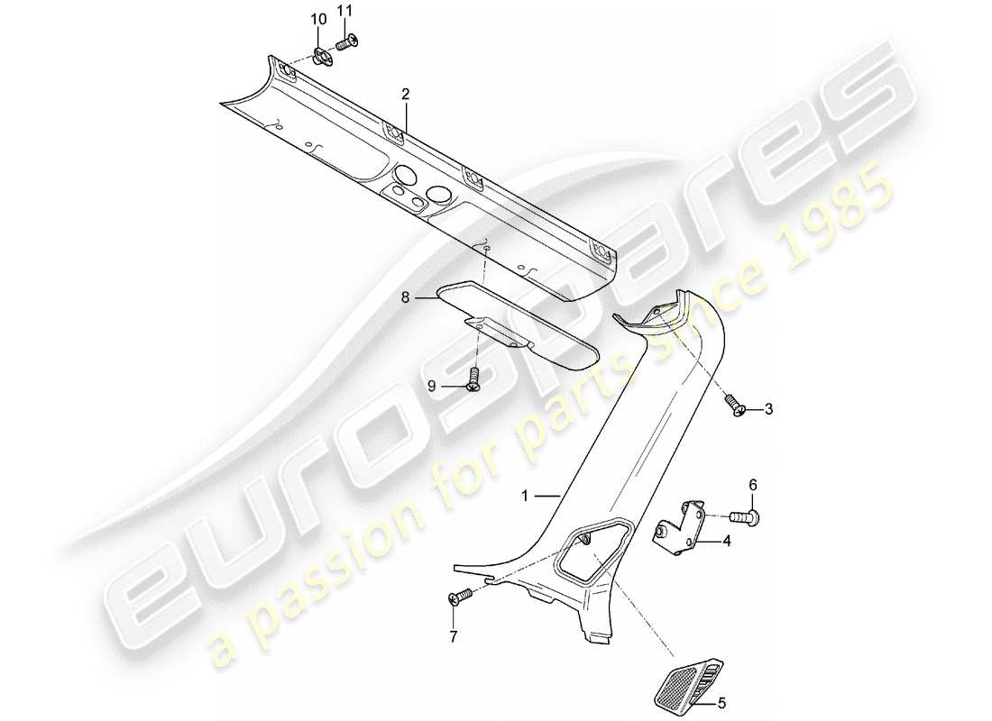 porsche 2004 (carrera gt) visores solares - acabados - diagrama de piezas del pilar a
