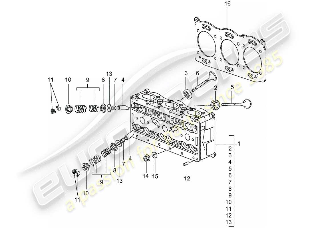 porsche 996 gt3 (2001) diagrama de piezas de la culata del cilindro