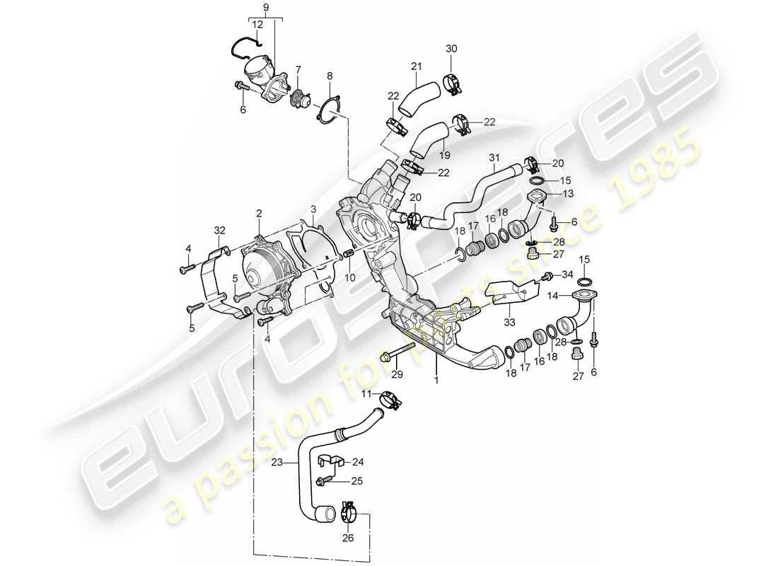 porsche 2007 (997-1 gt3) diagrama de piezas de la bomba de agua
