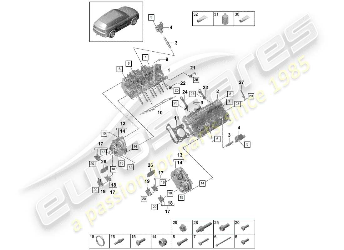 porsche 2020 (cayenne e3 9ya/9yb) diagrama de piezas de la culata del cilindro