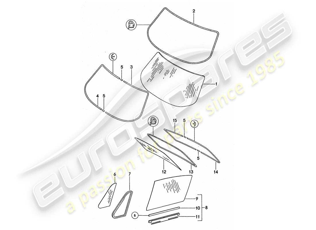 porsche 1976 (911 turbo) acristalamiento de ventanas diagrama de piezas