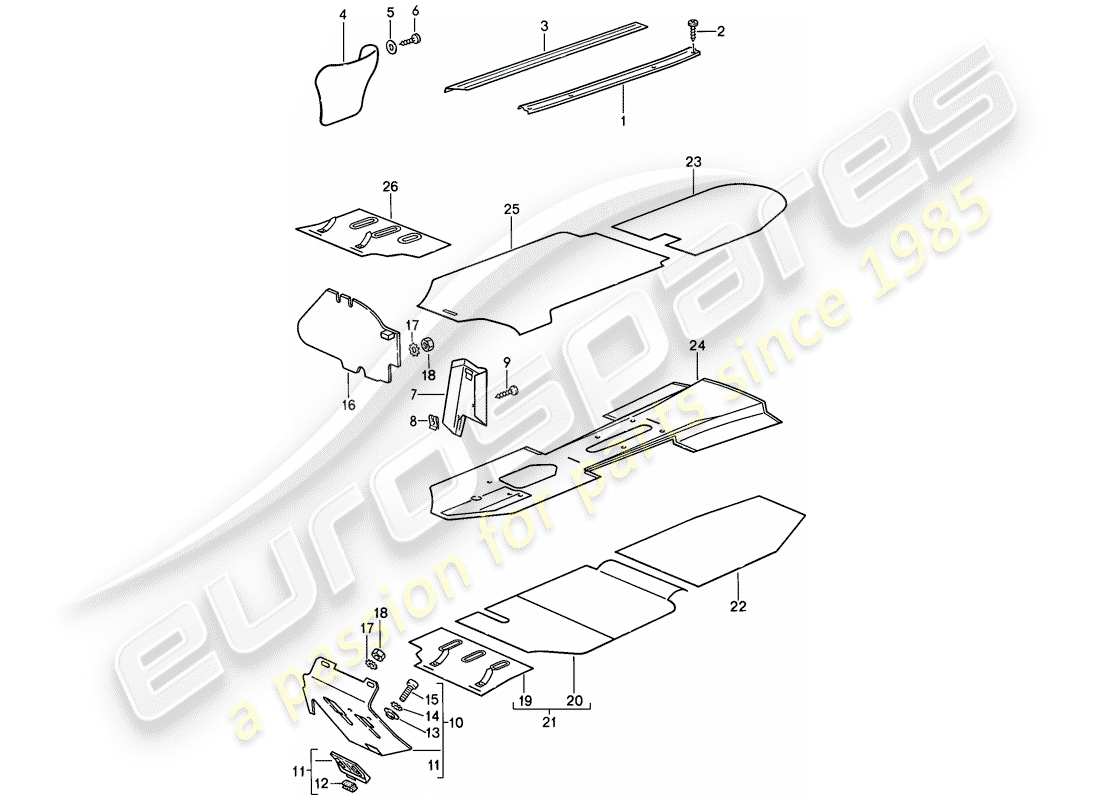 porsche 1987 (911) moldeados - espacio para los pies - alfombras desmontables diagrama de piezas