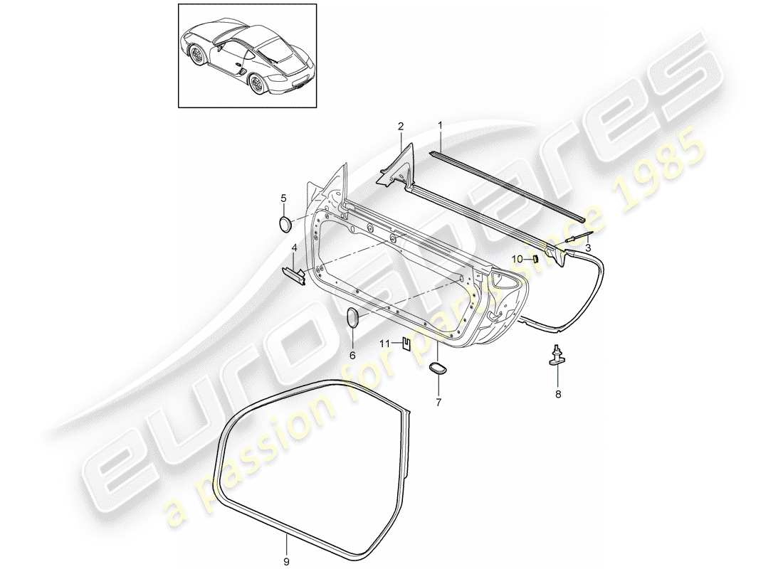 porsche 2012 (987 cayman) diagrama de piezas del sello de puerta