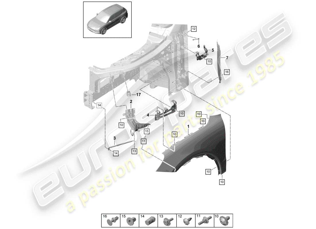 porsche 2020 (cayenne e3 9ya/9yb) diagrama de piezas del guardabarros