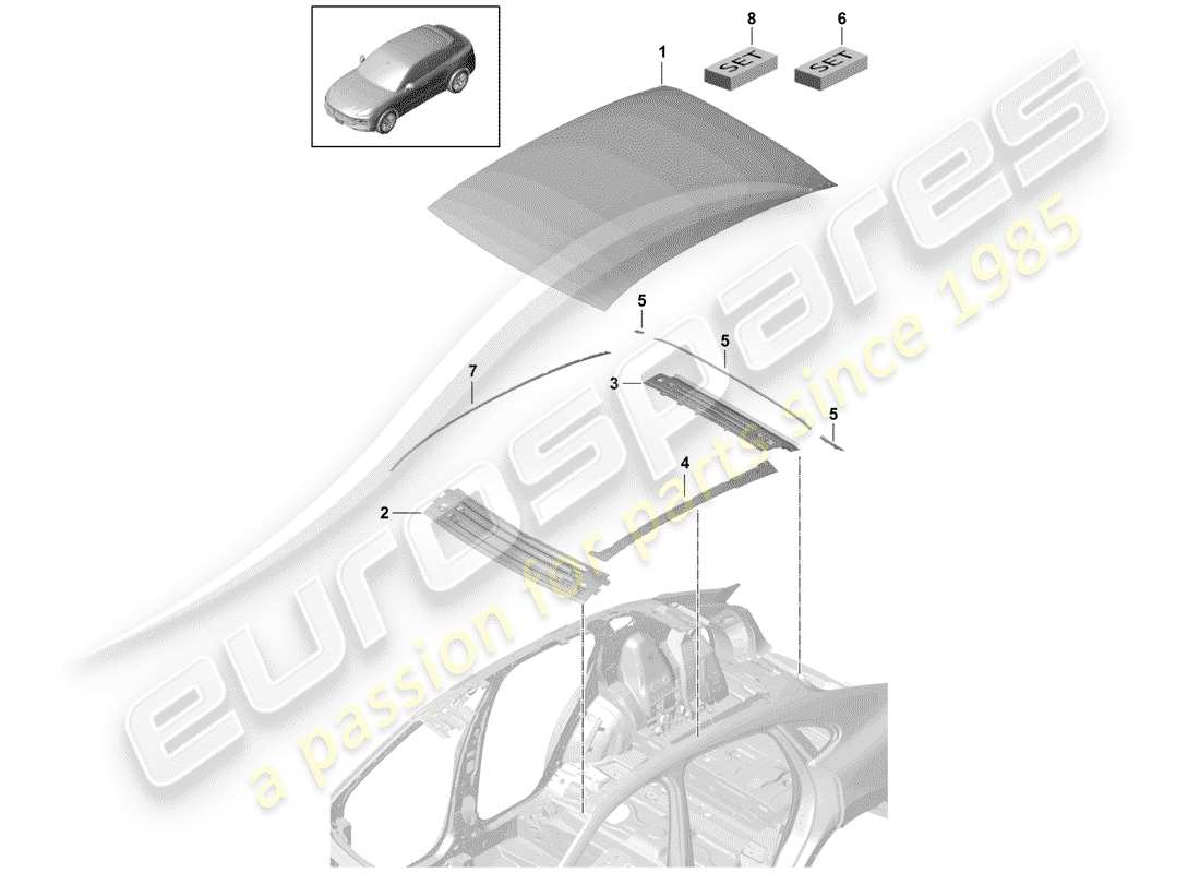 porsche 2020 (cayenne e3 9ya/9yb) panel exterior del techo diagrama de piezas